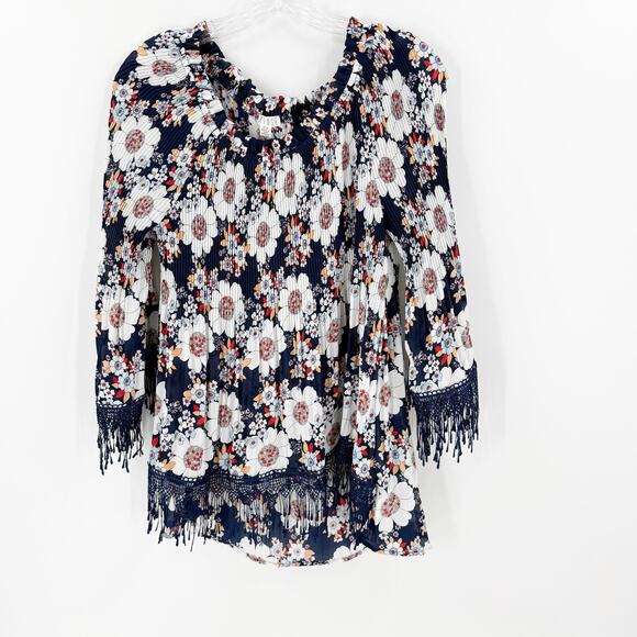 Spense Navy Floral Fringe Off The Shoulder Blouse Women's Size Medium - Picture 1 of 9